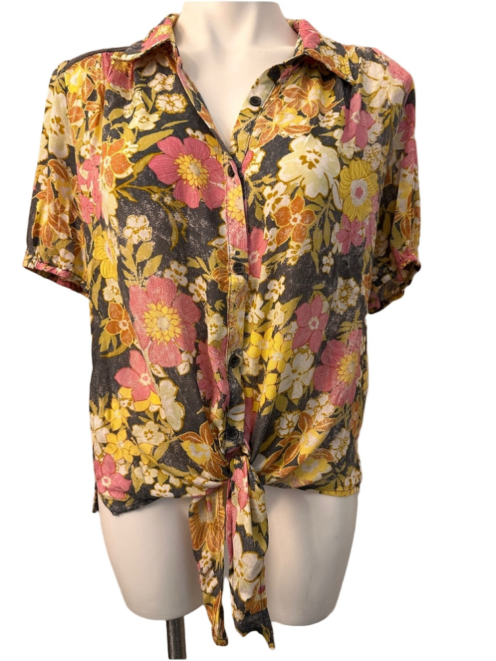 Mystree Floral Tie-Front Button Down Shirt - Pink, Yellow & Gray